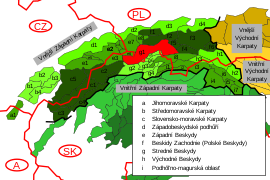 Oravské, Kysucké a Żywiecke Beskydy vyznačené červenou farbou