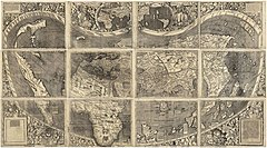 Universalis Cosmographia, also known as the Waldseemuller map, dated 1507, was the first map to show the Americas separating two distinct oceans. South America was generally considered the New World and shows the name "America" for the first time, after Amerigo Vespucci Waldseemuller map 2.jpg