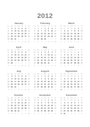 English: 2012 Calendar, sized as A4 page