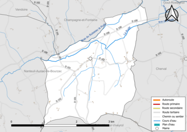 Carte en couleur présentant le réseau hydrographique de la commune