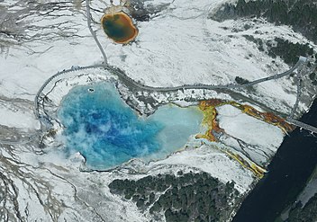 Aerial view of the Excelsior Geyser crater