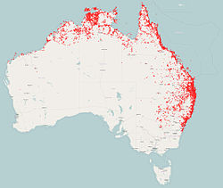 Distribución en Australia (falta la de Nueva Guinea)