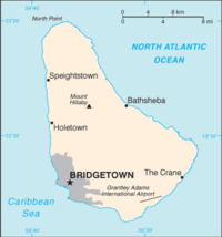 Bridgetownin sijainti Barbadoksen lounaisrannalla