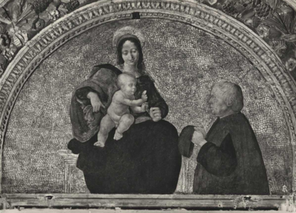 Peinture (cliché en noir et blanc) présentant une femme assise, un enfant sur les genoux, et que regarde un homme en prière devant eux