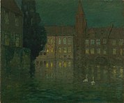 Brugge, gebouwen aan het water, met zwanen