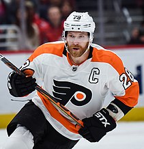 Claude Giroux played for the Flyers from 2007-08 to 2021-22, serving as team captain for 10 seasons. Claude Giroux from Capitals vs. Flyers at Capital One Arena, May 4, 2020 (All-Pro Reels Photography) (49623440738) (cropped).jpg