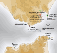 Peta Selat Gibraltar. Pelabuhan-pelabuhan diberi warna.
