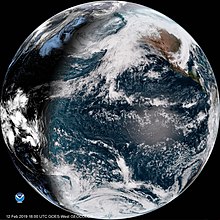 The geostationary GOES-17 satellite's Level 1B Calibrated Radiances - True Colour Composite PNG image First Full Disk Image from GOES-17 as GOES West (40118037553).jpg