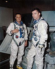 February 26, 1965: The Gemini 3 flight crew at NASA's Mission Control Center in Houston, Texas Gemini 3 training.jpg