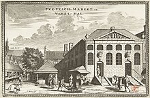 View on Fish- and Meatmarket in Delft, opposite of Van Leeuwenhoek's house Gezicht op de vismarkt en de Vleeshal te Delft Zee-visch marckt en Vlees-hal (titel op object), RP-P-AO-11-20.jpg