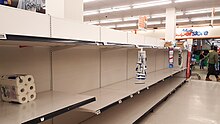 Panic buying: empty toilet paper shelves on 12 March 2020 at an Atlantic Superstore in Halifax, Nova Scotia. Halifax, Canada - Empty shelves with no toilet paper.jpg