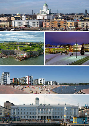 Frae top-left: Helsinki Cathedral, Suomenlinna, Senate Square, Aurinkolahti beach, Ceety Haw