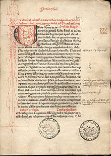 Page from Valerius Maximus, Facta et dicta memorabilia, printed in red and black by Peter Schoffer (Mainz, 1471). The page exhibits a rubricated initial letter "U" and decorations, marginalia, and ownership stamps of the "Bibliotheca Gymnasii Altonani" (Hamburg). Inkunabel.ValMax.001.jpg