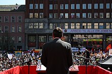 Norway's then Prime Minister Jens Stoltenberg gives his 1 May speech in 2009 in Oslo, Norway. Jens stoltenberg1.jpg