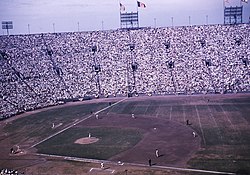 The 1959 World Series was played partially at the Los Angeles Coliseum while Dodger Stadium was being built. LA Coliseum 1959 World Series.jpg