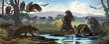 Painting of sloth in tar pit menaced by saber-toothed cat, with condors waiting in a tree