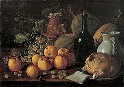 Luis Melendez (1716-1780), Still Life with Apples, Grapes, Melons, Bread, Jug and Bottle Luis Melendez - Still Life with Apples, Grapes, Melons, Bread, Jug and Bottle - Google Art Project.jpg