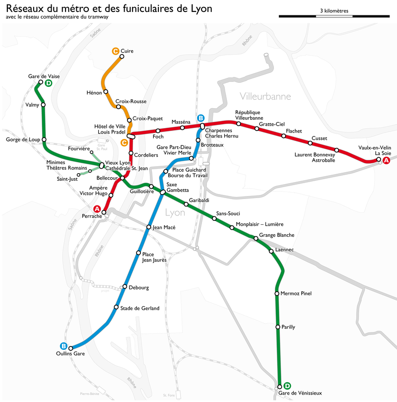 A map of the Lyon métro (with tram and trolleybus network in the background).