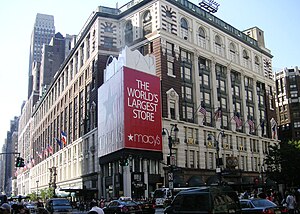 Between 7th Avenue and Broadway is Macy's, which advertises itself as the "world's largest department store." Macy's Department store Herald Square (8403806690).jpg