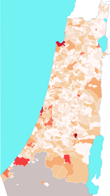 Map of the municipalities in Mandatory Palestine by population count (1945)
.mw-parser-output .legend{page-break-inside:avoid;break-inside:avoid-column}.mw-parser-output .legend-color{display:inline-block;min-width:1.25em;height:1.25em;line-height:1.25;margin:1px 0;text-align:center;border:1px solid black;background-color:transparent;color:black}.mw-parser-output .legend-text{}
150,000 and more
100,000
50,000
20,000
10,000
5,000
2,000
1,000
500
less than 500
Nomadic regions in the Negev desert Mandatory Palestine - Population by Municipality (1945).svg