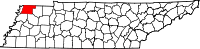 Map of Tennessee highlighting Obion County