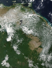 A few scattered fires (red dots) in northern South America: Venezuela (left), Guyana (right) and Brazil (bottom centre) NSAmerica2.A2002363.1420.500m.jpg