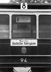 Nur fur deutsche Fahrgaste ("Only for German Passengers"), a Nazi slogan used in occupied territories, mainly posted at entrances to parks, cafes, cinemas, theatres, and other facilities Nur fur deutsche.jpg
