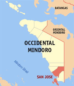 Mapa de Occidental Mindoro con San Jose resaltado