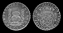 The Spanish dollar, natively called Peso, was the main coin of the Spanish Empire, this coin is from 1739. Philip V Coin silver, 8 Reales Mexico.jpg