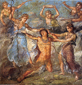 First-century AD Roman wall painting from the House of the Vettii in Pompeii showing Dionysus's enemy Pentheus being torn to pieces by the maenads, Dionysus's female followers, the climactic scene of Euripides's Bacchae Pompeii - Casa dei Vettii - Pentheus.jpg