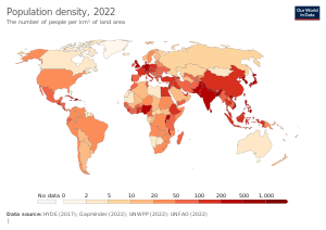 Population density (people per km ) by country Population density map of the world.svg