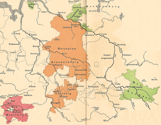 Саксонские герцогства в конце XIII века (зелёным цветом): Саксен-Лауэнбург и Саксен-Виттенберг