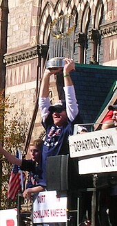 Schilling hoists the Commissioner's Trophy during the Red Sox' 2007 World Series parade. Schilling2007Parade.jpg