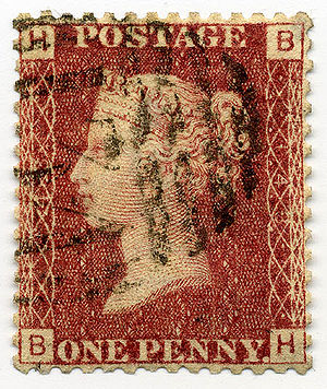 A perforated Penny Red with letters in four co...