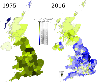 Comparison of results of 1975 and 2016 referendums United Kingdom European Communities membership referendum, 1975 compared to United Kingdom European Union membership referendum, 2016.svg