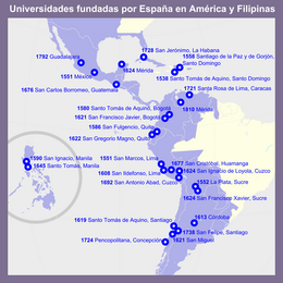 Universities founded in Spanish America by the Spanish Empire. Universidades fundadas por Espana en America y Filipinas.png