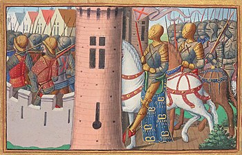 Die Einnahme von Paris durch die Bourguignons, Darstellung im manuscrit de Martial d’Auvergne, vers 1484, BnF, Manuscrit Français 5054, enluminure du folio 15 verso, etwa 1484