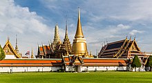 Wat Phra Kaew, the most sacred Theravada Buddhist temple in Bangkok Wat Phra Kaew by Ninara TSP edit crop.jpg