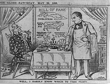 A cartoon of Uncle Sam seated in restaurant looking at the bill of fare containing "Cuba steak", "Porto Rico pig", the "Philippine Islands" and the "Sandwich Islands" (Hawaii) Well, I hardly know which to take first! 5-28-1898.JPG