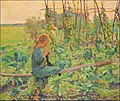 Knitting girl with hopfield in the background