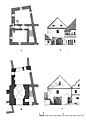 Zakreslení vnitřní části Horní brány z roku 1858: d-půdorys přízemí; e-půdorys patra; f-pohled vnitřní; g-pohled vnější