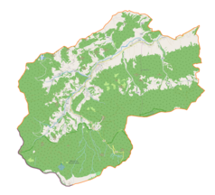 Mapa konturowa gminy Zawoja, na dole po lewej znajduje się punkt z opisem „Ośrodek Kultury Turystyki Górskiej PTTK na Markowych Szczawinach”