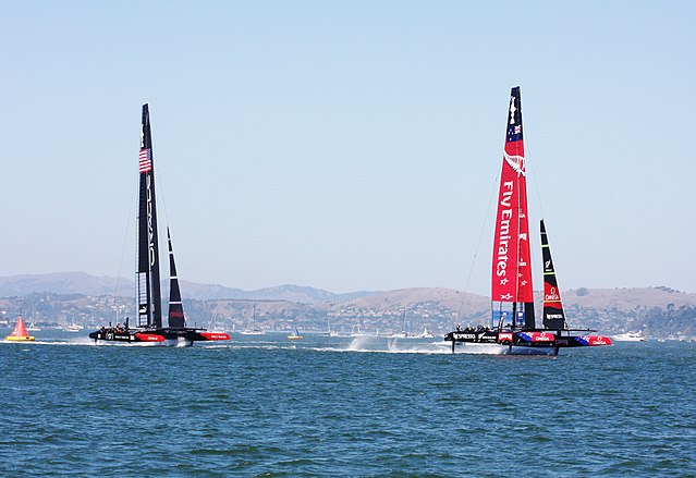 Team New Zealand leading Oracle Racing at the first mark in the first race