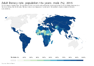 Adult literacy rate, male (%), 2015 Adult literacy rate, population 15+ years, male (%25), OWID.svg