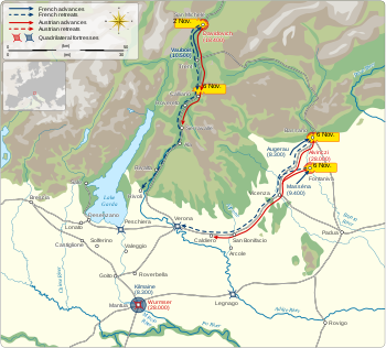 Theater map shows the battles of San Michele, 2nd Bassano, and Calliano in November 1796.