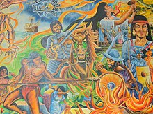 Battle of Centla, the first time a horse was used in battle in a war in the Americas. Mural in the Palacio Municipal of Paraiso, Tabasco Batalla de Centla.jpg