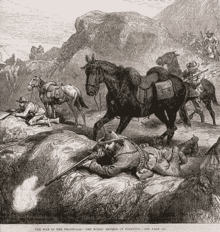 An engraving of Boers firing rifles from prone positions, with horses standing nearby.