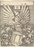Woodcut by Dürer of his coat of arms, which featured a door as a pun on his name, as well as the winged bust of a Moor (1523), 35.1 × 26.1 cm (Metropolitan Museum of Art)