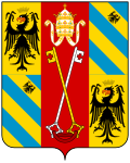 Coat of arms of the Duchy of Urbino, with the Montefeltro arms, the imperial eagle and the papal Keys of Heaven Coat of arms of Federico and Guidobaldo da Montefeltro.svg