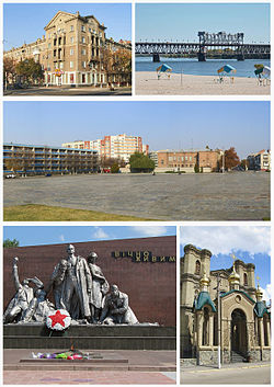 Top left:Lenina Street, Top right:Dniepur River and Kryukov Bridge, Center:Victory Square, Bottom left:Memorial of Vichno Zhyuyn, Bottom right:Saint Nicolas Church